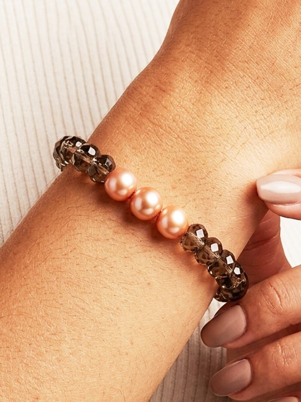 Smoky Quartz Bracelet w/Gold Pearls, Dainty Genuine Gemstone Stretch Bracelet